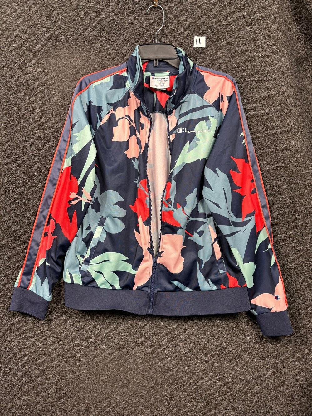 Champion Jacket Womens Large Blue Floral Track Full Zip Pockets Athletic J352P